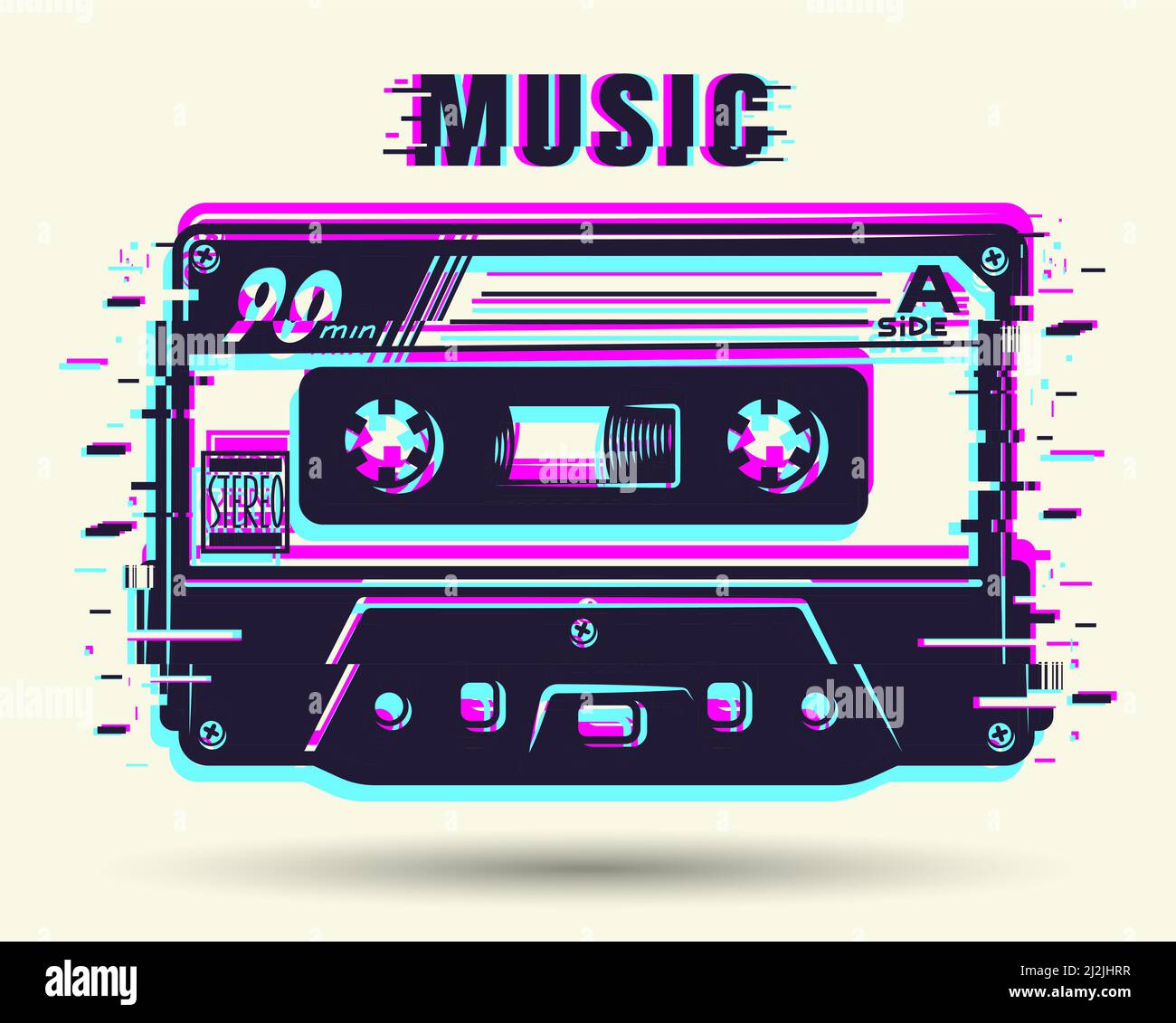 Cassette with glitch effect isolated on white. Vector illustration Stock Vector