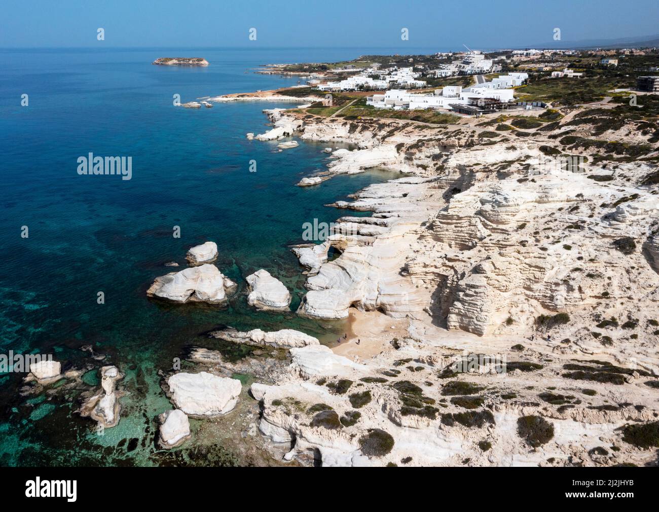 Aerial view of limestone rock formations on the coastline at Sea Caves, Peyia, Paphos, Cyprus. Stock Photo