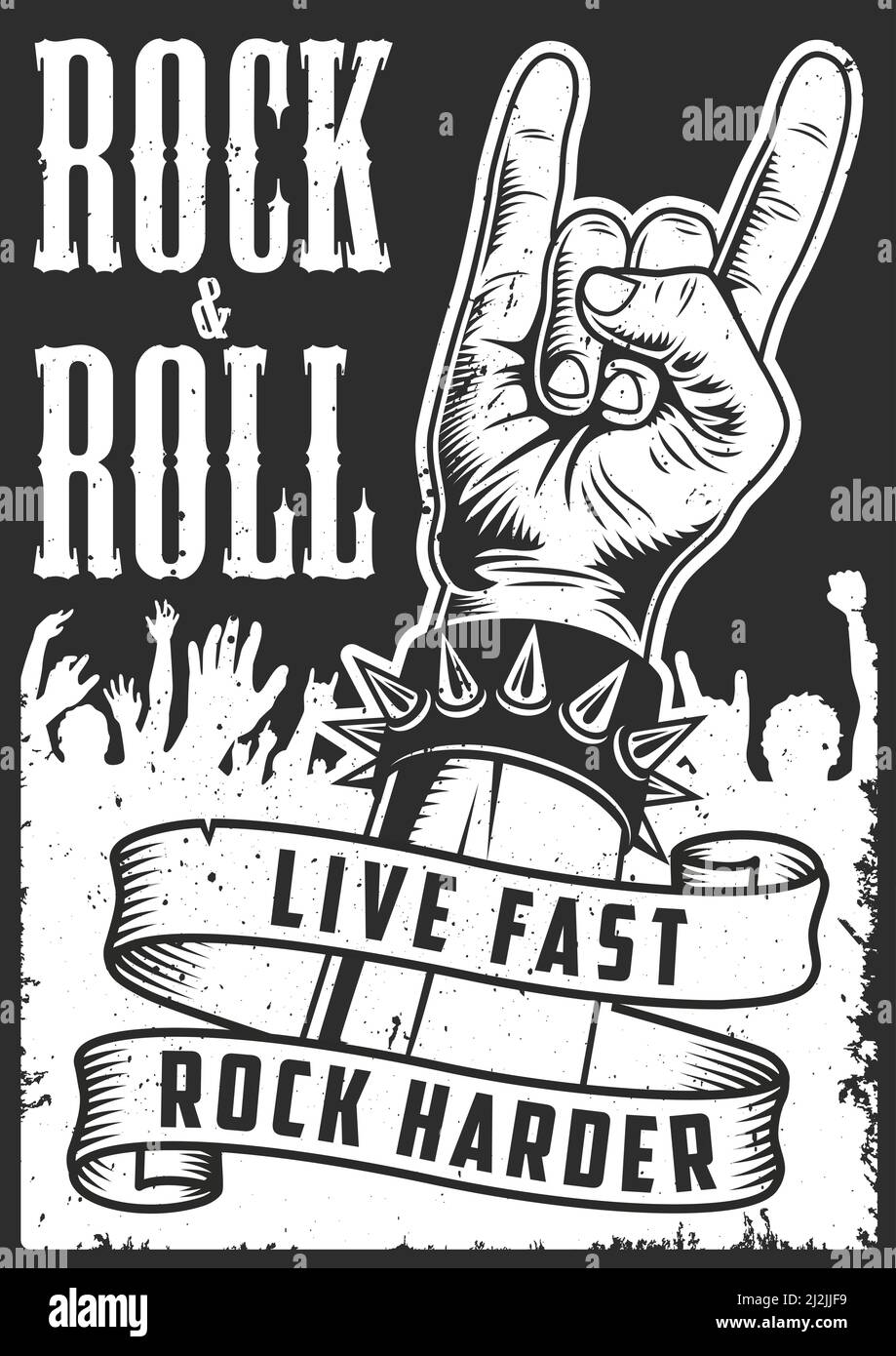 Poster with hand in rock n roll sign, vector illustration. Stock Vector