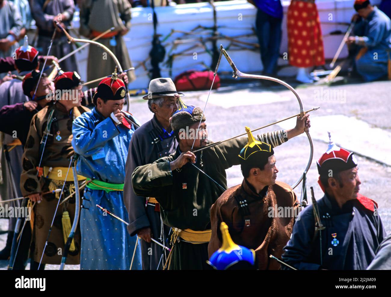 Ulaanbaatar stadium, Mongolia. Naadam is a traditional type of festival in Mongolia. Archery competition Stock Photo