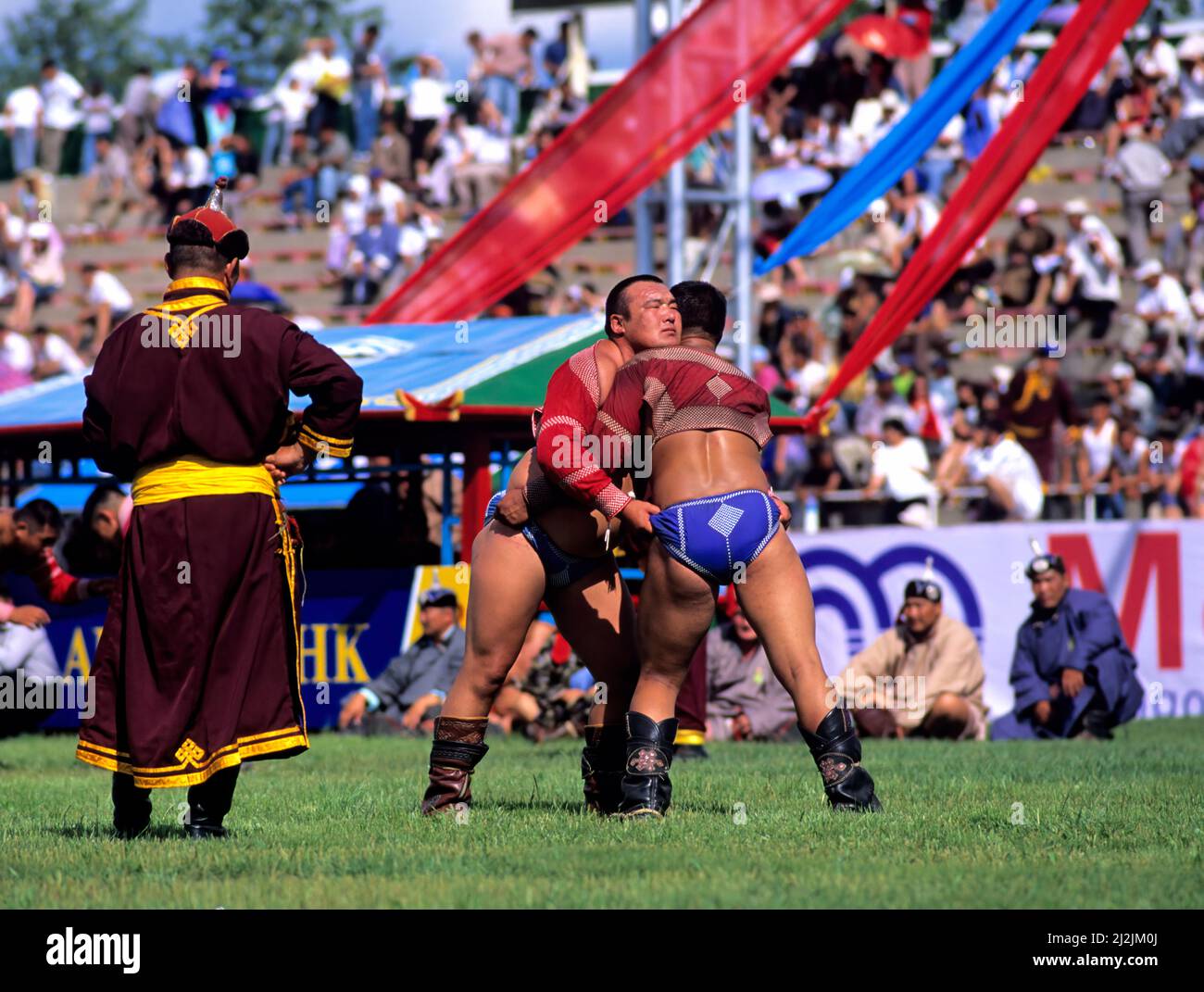 Ulaanbaatar stadium, Mongolia. Naadam is a traditional type of festival in Mongolia. Wrestling competition Stock Photo