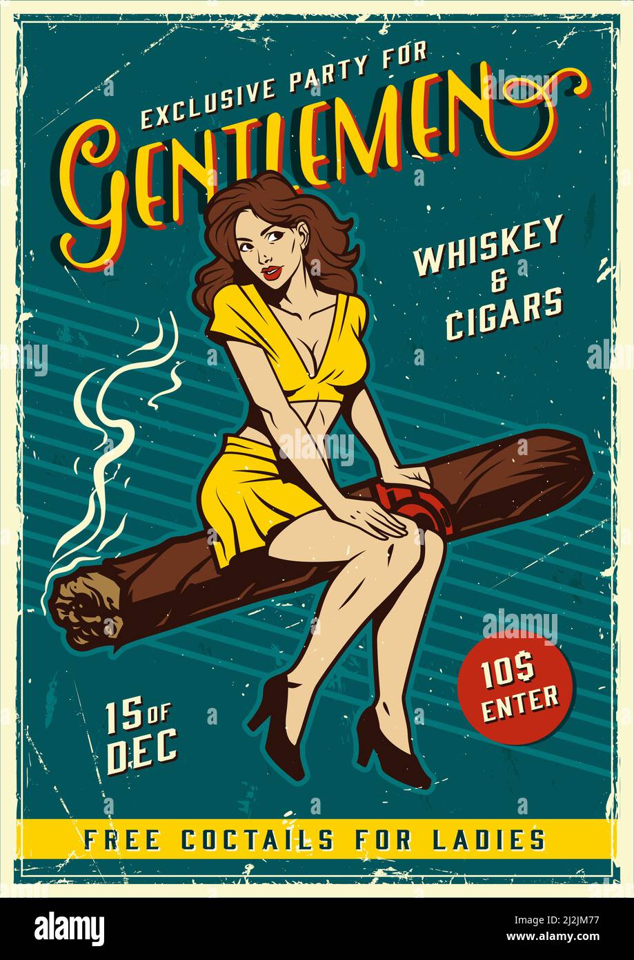 Vintage gentlemen party poster with pretty girl sitting on cuban cigar ...