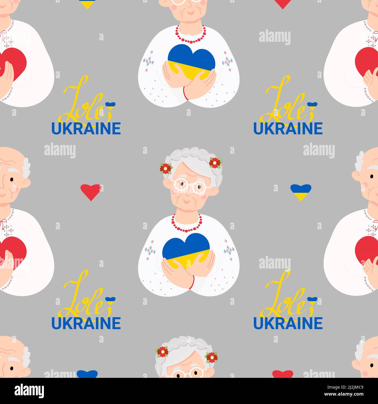 Ukrainian seamless pattern. Happy Ukrainian elderly woman and man with Cossack forelock in traditional clothes with yellow-blue heart on gray backgrou Stock Vector