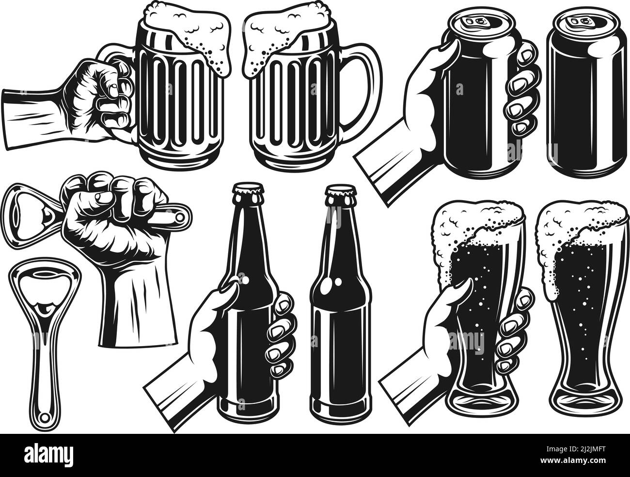 Set of hands with beer in monochrome style. Vintage vector illustration. Stock Vector