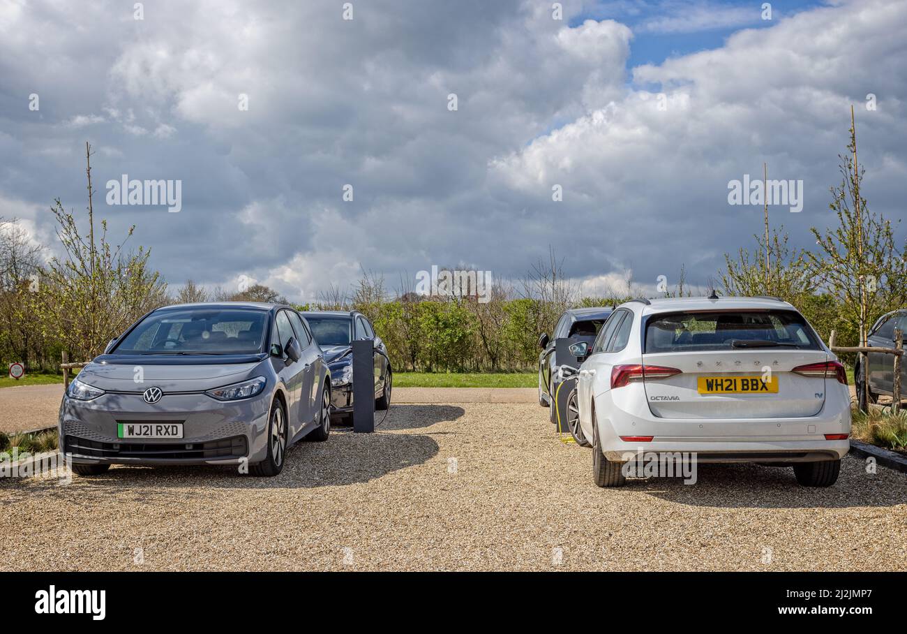 Cars recharging at the electric car recharging points in the car park