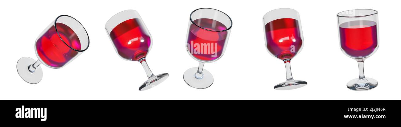 Red wine glass in 5 different angles. 3d rendering. Stock Photo