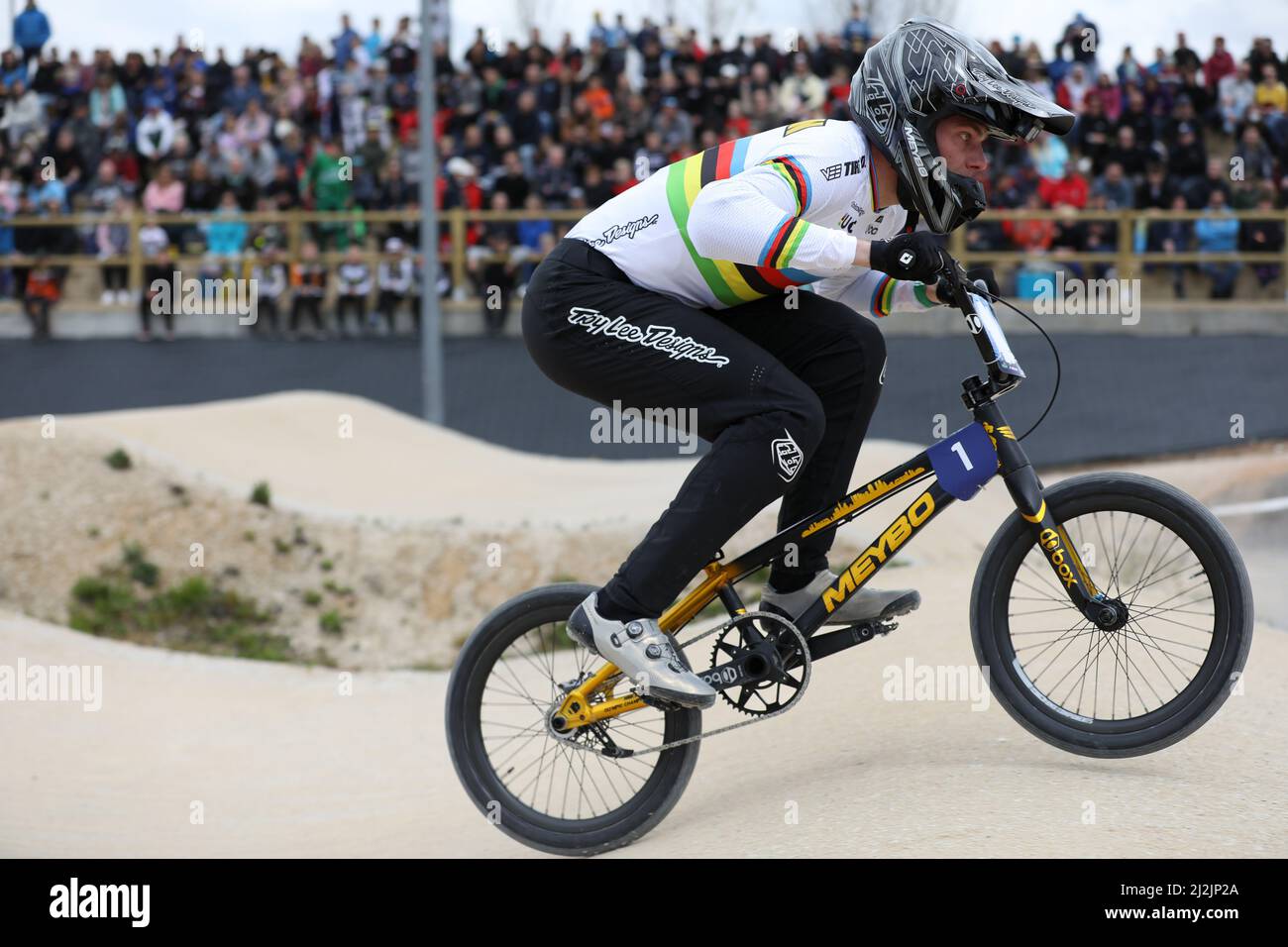 Verona, Italy. 02nd Apr, 2022. Niek Kimmann of Netherlands wins the BMX  Racing Elite of the UEC European Cup at the BMX Olympic Arena on April 1st  2022 in Verona, Italy Credit: