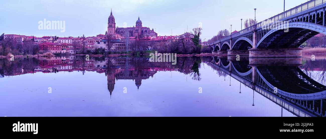 Panoramic sunrise of the city of Salamanca and the Tormes River with