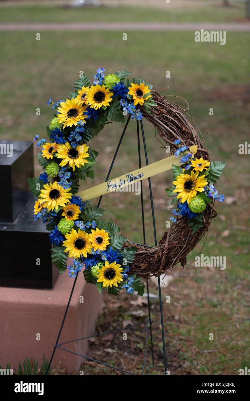 Pray for Ukraine Wreath for War with Russia 2022 Stock Photo