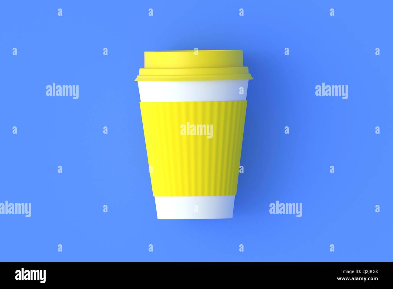 Disposable paper coffee cup with lid and sleeve. Top view. 3d render