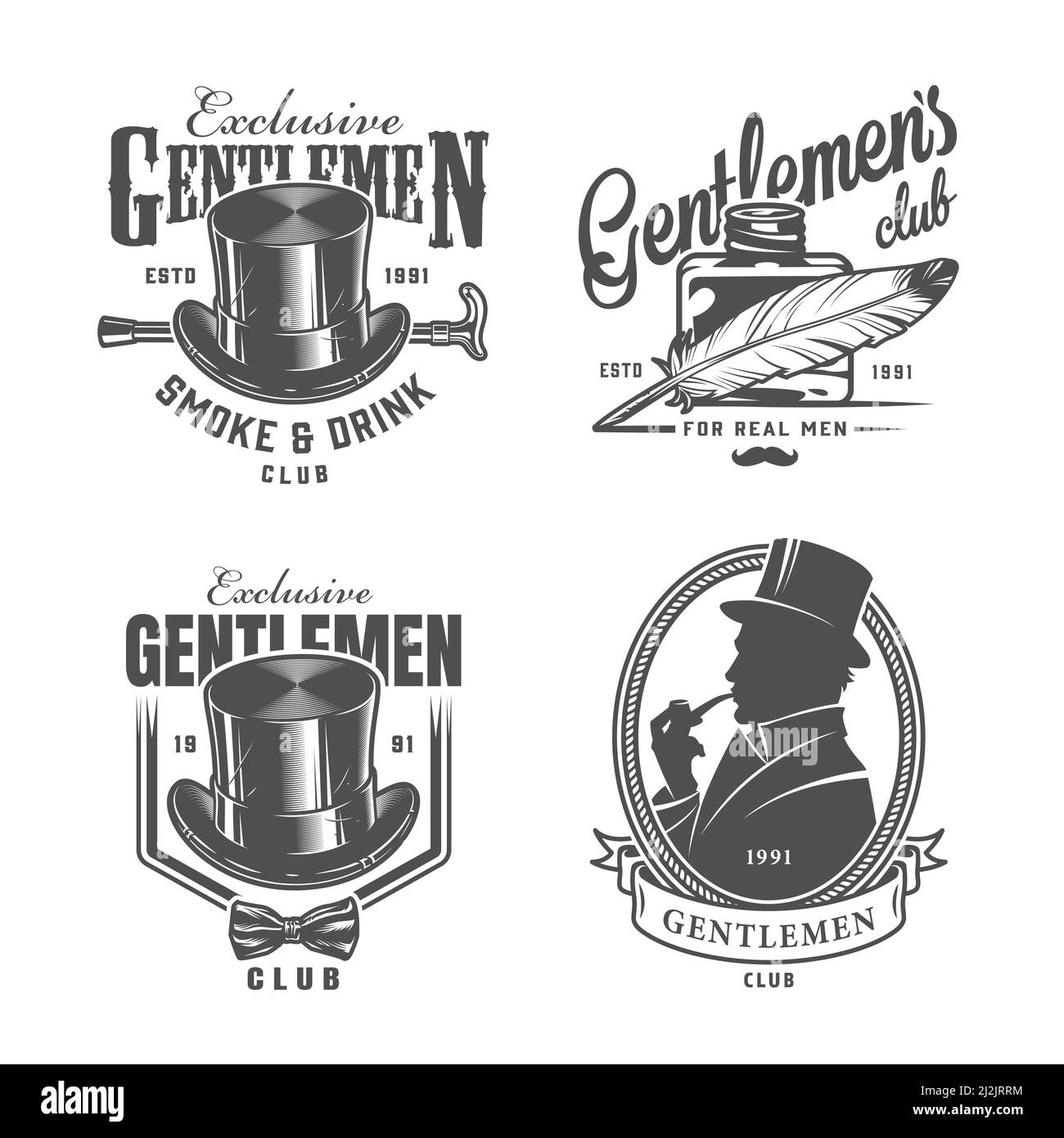 Vintage monochrome gentleman logos with elegant top hat cane feather pen inkwell bowtie british man smoking pipe isolated vector illustration Stock Vector