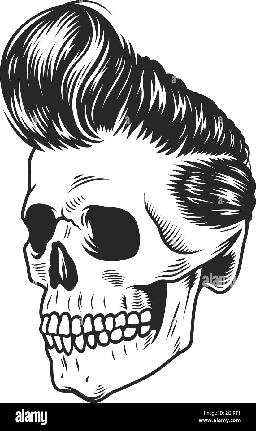 Vintage monochrome rock star skull template with modern hairstyle isolated vector illustration Stock Vector