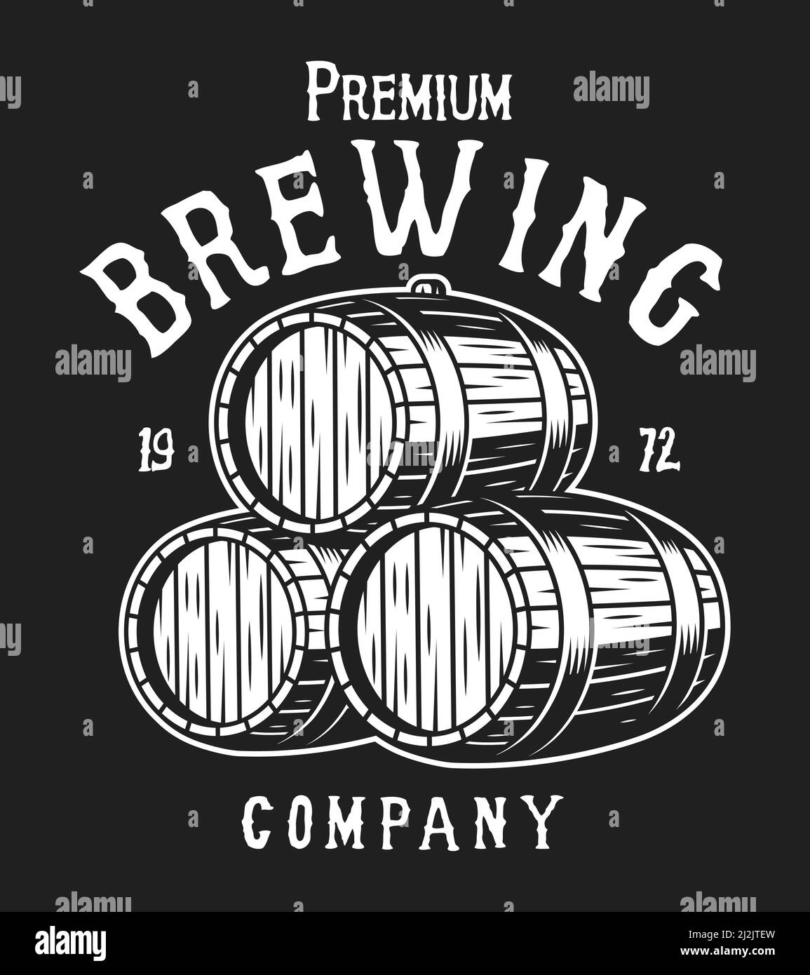 Vintage brewery white label concept with beer wooden barrels on black background isolated vector illustration Stock Vector