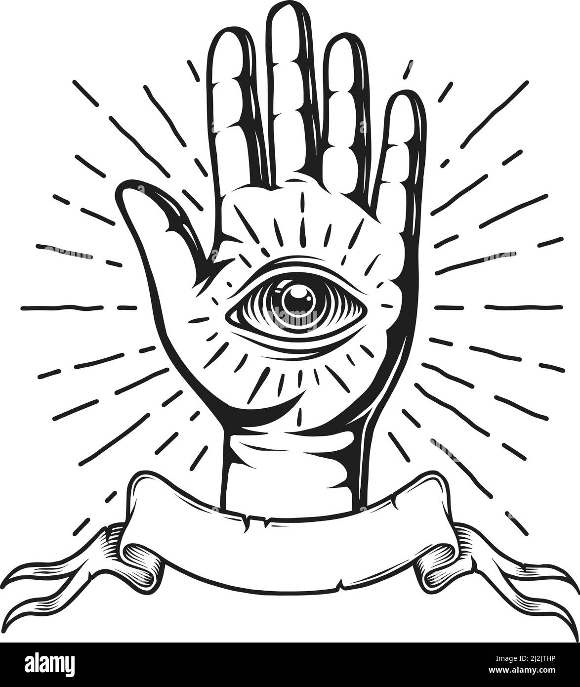 Vintage monochrome tattoo emblem with human eye on hand ribbon and sunburst isolated vector illustration Stock Vector
