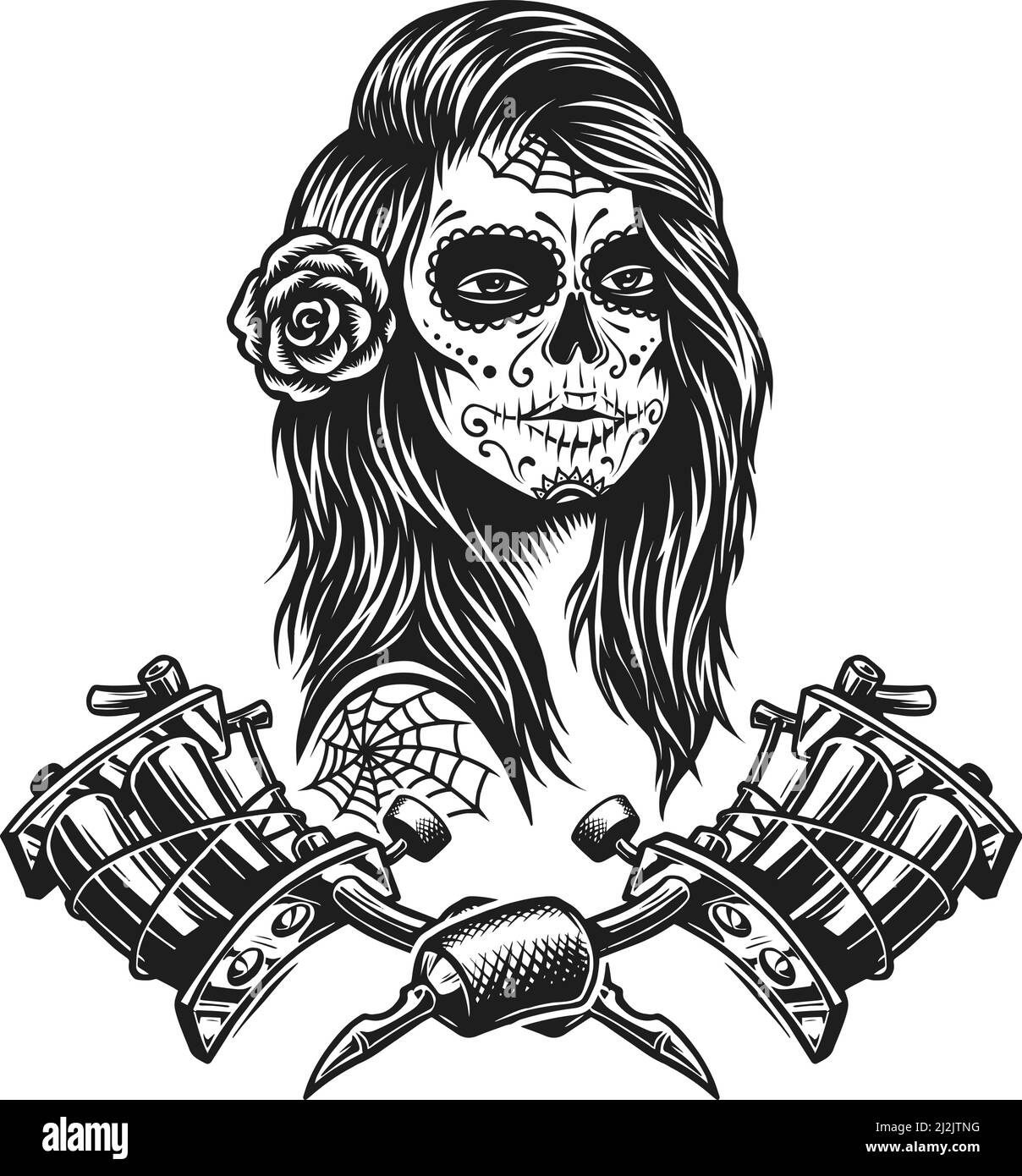 Vintage monochrome tattoo template with spooky make up flower in hair and crossed tattoo machines isolated vector illustration Stock Vector