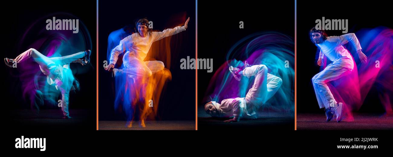 Composite image with stylish man dancing hip-hop, breakdance in white ...