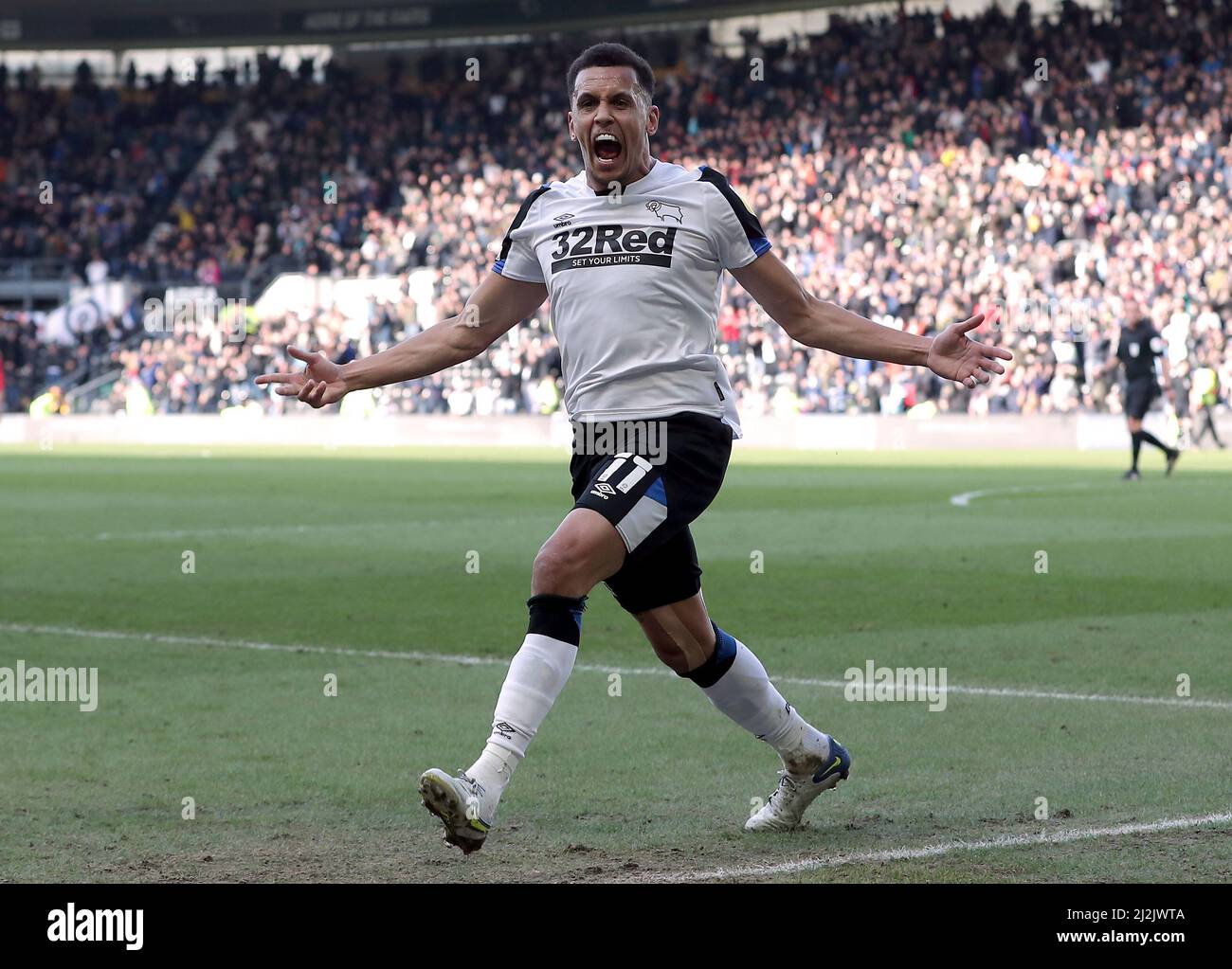 Derby County's Ravel Morrison celebrates scoring their side's first goal of  the game during the Sky Bet Championship match at Pride Park, Derby.  Picture date: Saturday April 2, 2022 Stock Photo - Alamy