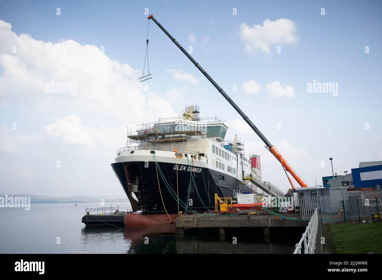 Port Glasgow, Scotland, UK, March 23rd 2022, Ferguson Marine shipyard and the progress of new Calmac ferry named Glen Sannox Stock Photo