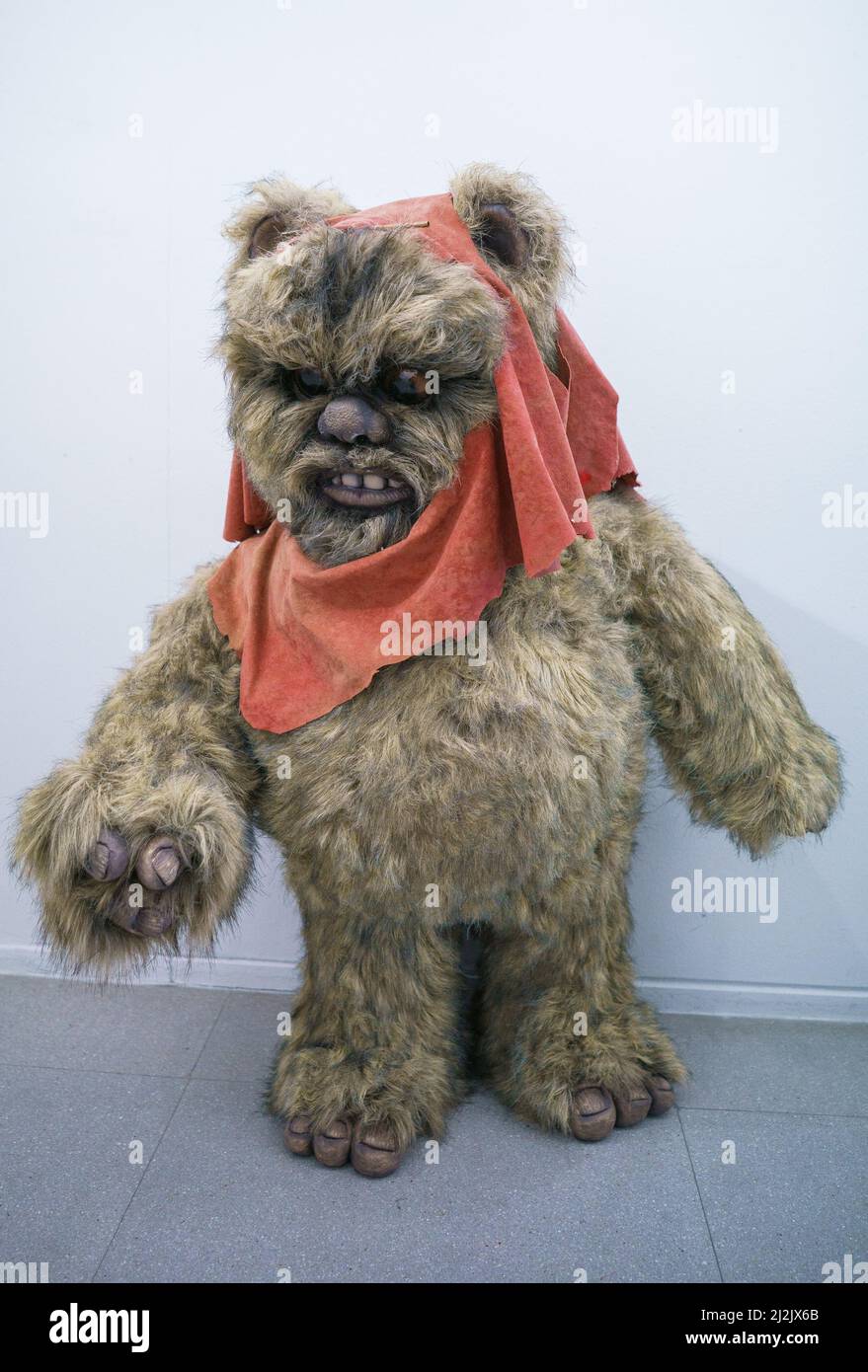 Madrid, Spain. 02nd Apr, 2022. A figure of the character Ewok is exhibited during the exhibition of 'the Star Wars universe' by the sculptor Juan Villa at the Paco de Lucía exhibition hall in Madrid. The Star Wars universe can be visited for free until April 28 at the Paco de Lucía exhibition hall. The exhibited pieces are part of the work that this master craftsman is developing with his team for the future permanent exhibition Puerto Espacio, a science fiction project of his own. (Photo by Atilano Garcia/SOPA Images/Sipa USA) Credit: Sipa USA/Alamy Live News Stock Photo