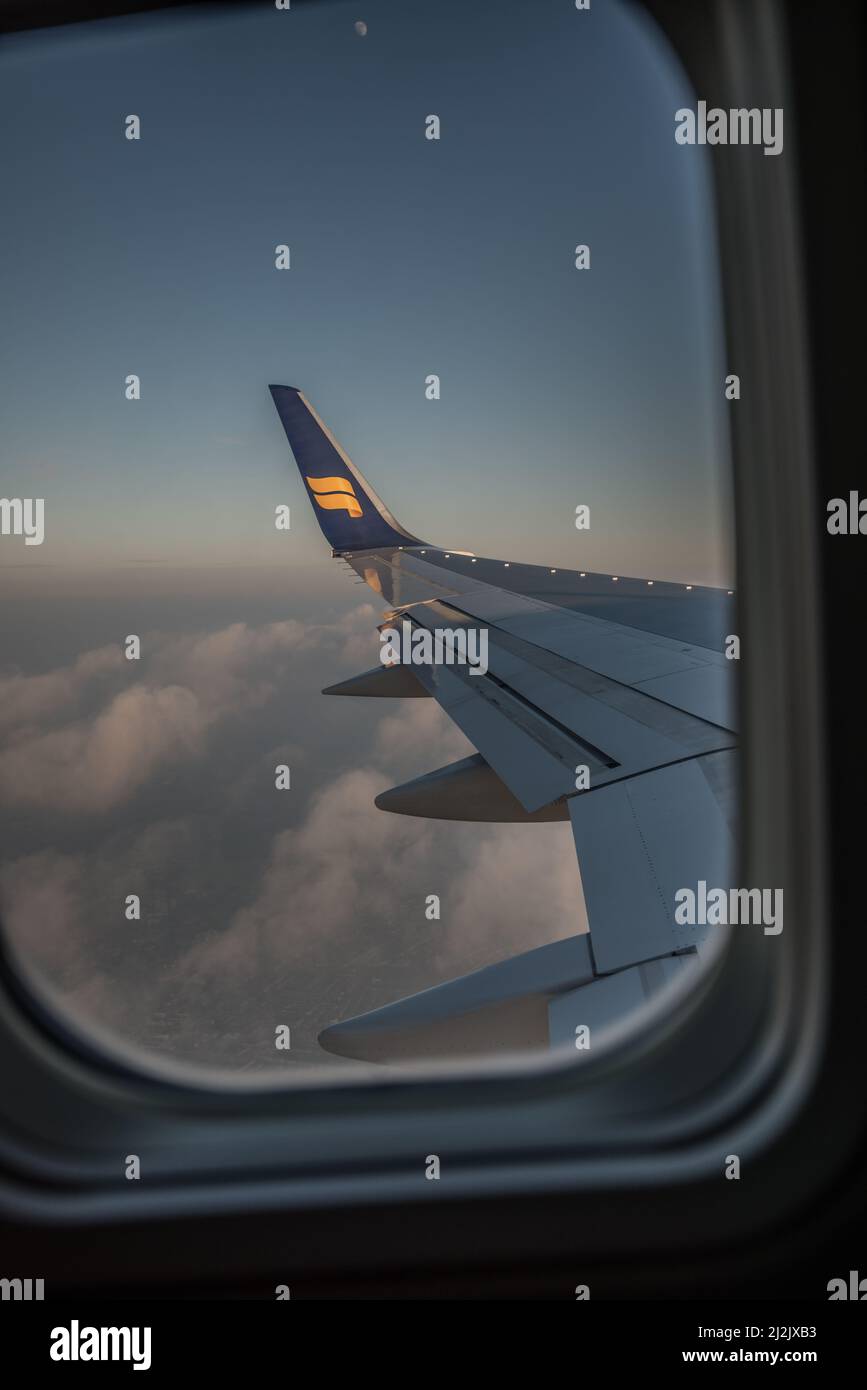 View from Icelandair plane window, bound for England. Stock Photo