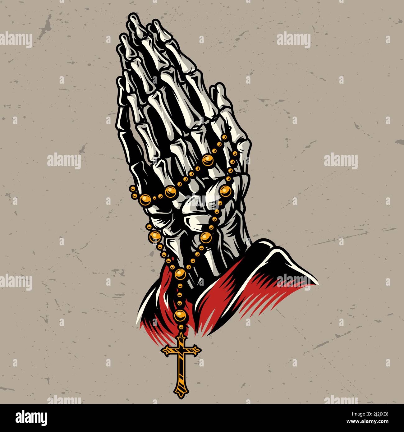 Skeleton praying hands with rosary in vintage style isolated vector illustration Stock Vector