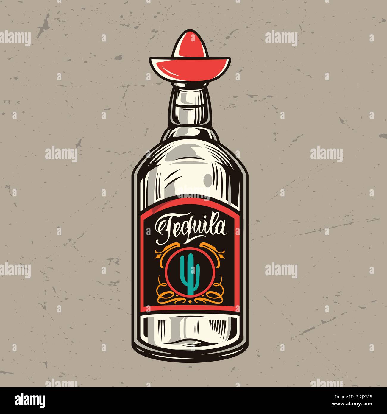 Vintage tequila bottle concept with bung in shape of sombrero isolated