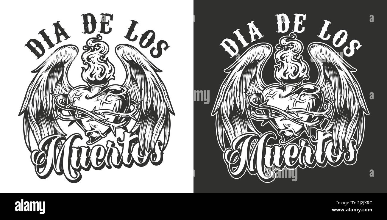 Dia De Los Muertos monochrome label with fiery heart in barbed wire with angel wings in vintage style isolated vector illustration Stock Vector