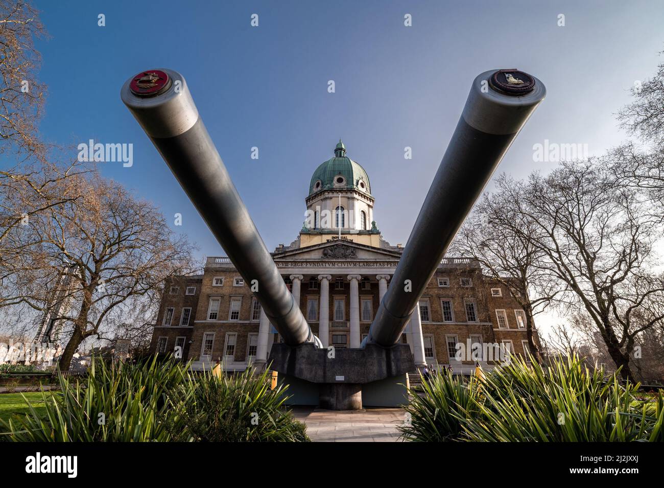 Long cannon barrels in front of the Imperial War Museum in London, England Stock Photo