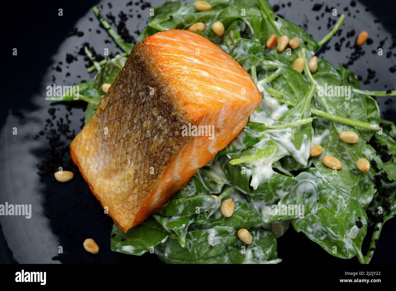 Grilled salmon fillet with herbs, on a dark background Stock Photo - Alamy