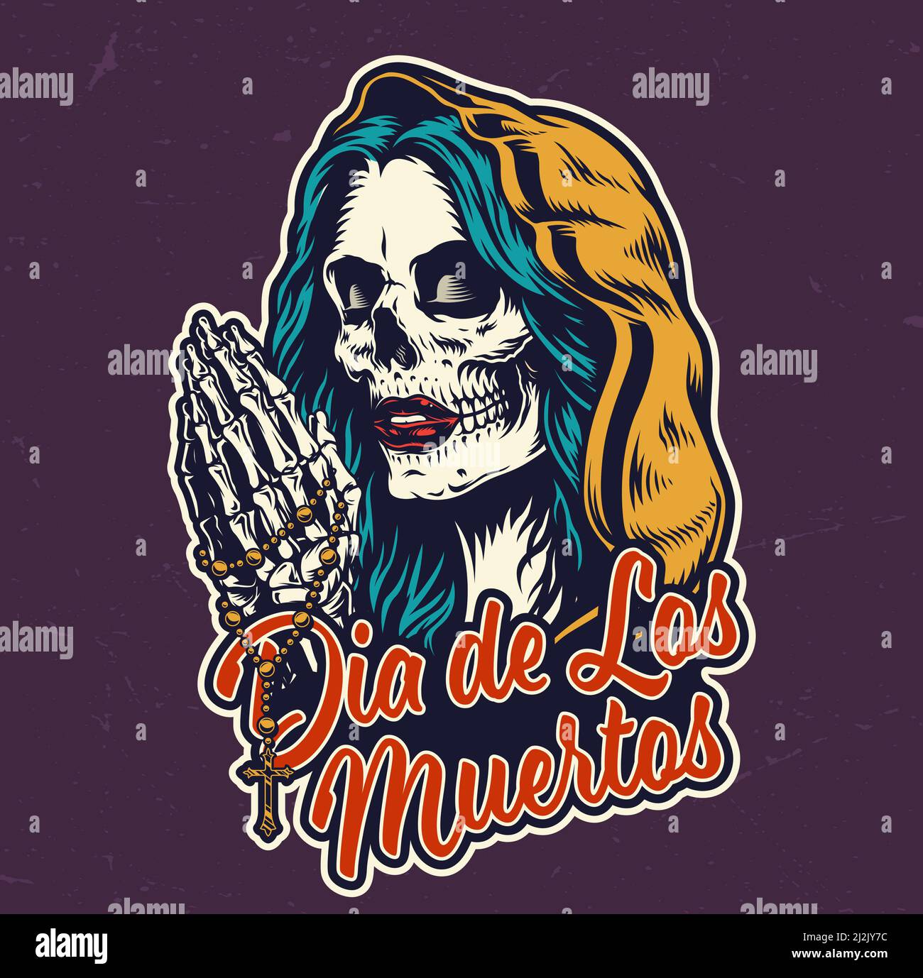 Dia De Los Muertos colorful badge with dead woman head in hood and praying skeleton hands holding rosary in vintage style isolated vector illustration Stock Vector