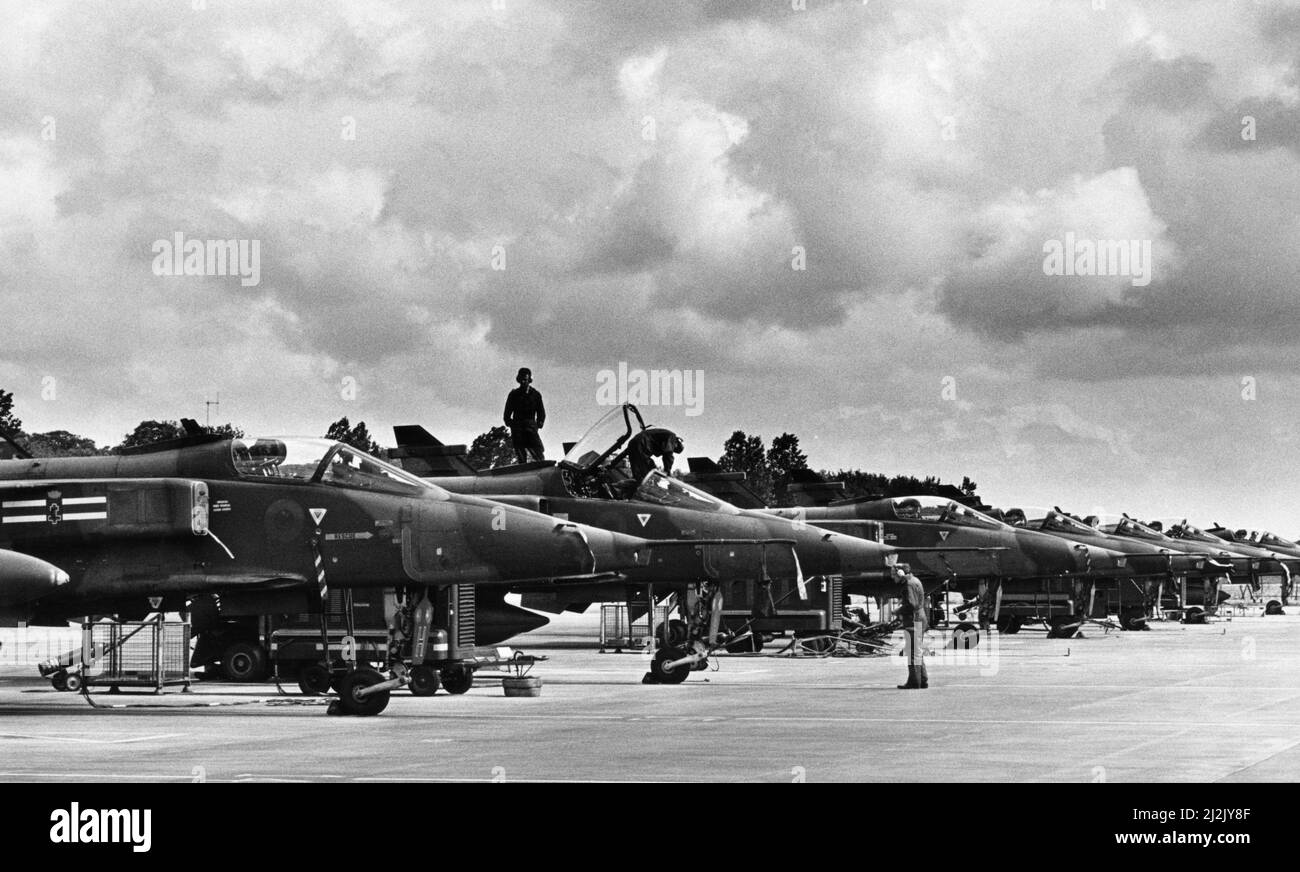 SEPECAT Jaguar GR3A's of 54 Squadron seen being prepared at RAF Coltishall for a bombing run on the Otterburn ranges 5th August 1987 Stock Photo