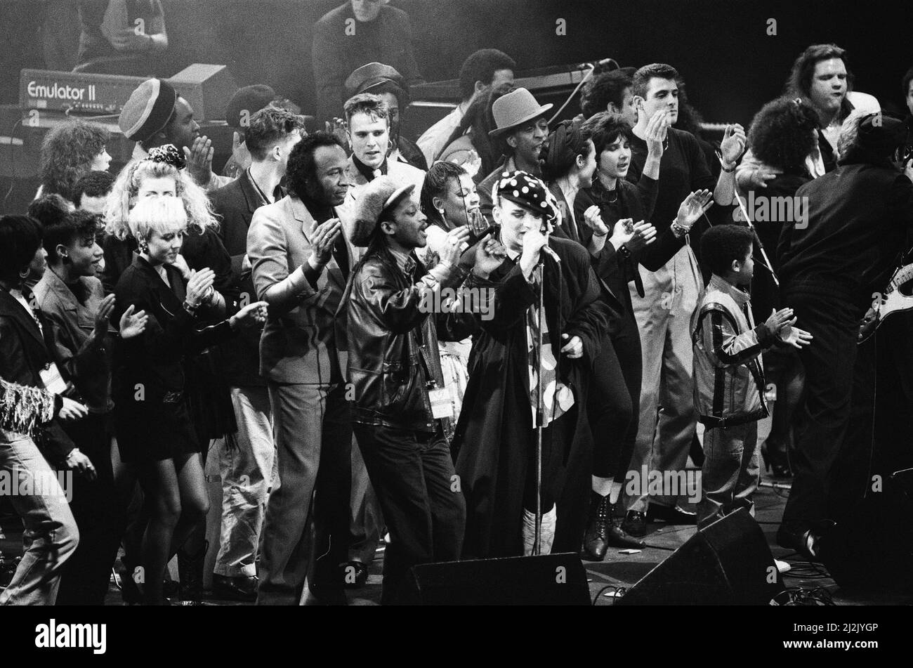 Shirlie Holliman, Boy George and Meat Loaf performing at the Stand by Me: AIDS Day Benefit concert at Wembley Arena, London. 1st April 1987. Stock Photo