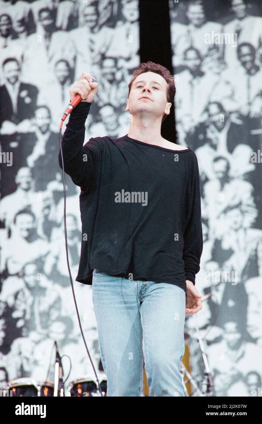 Jim Kerr, singer with the group Simple Minds, performing at the Nelson