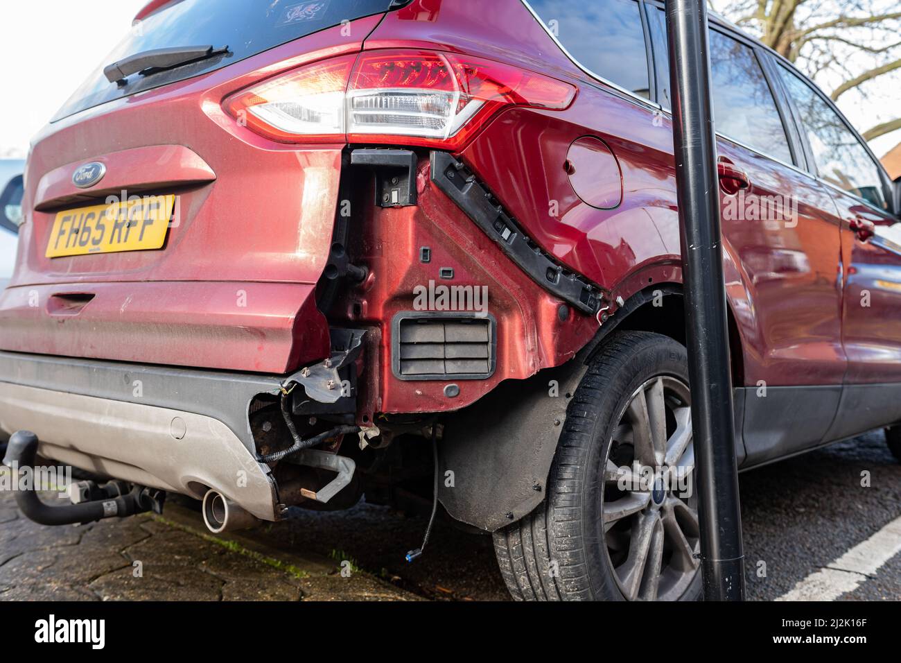 Woodbridge Suffolk UK February 22 2022: Close up view of the rear of a Ford Kuga that has been in a crash and has damage to its rear wing Stock Photo