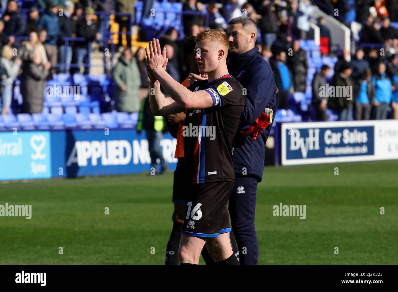 Birkenhead, UK. 02nd Apr, 2022. Morgan Feeney of Carlisle United celebrates after the Sky Bet League Two match between Tranmere Rovers and Carlisle United at Prenton Park on April 2nd 2022 in Birkenhead, England. (Photo by Tony Taylor/phcimages.com) Credit: PHC Images/Alamy Live News Stock Photo