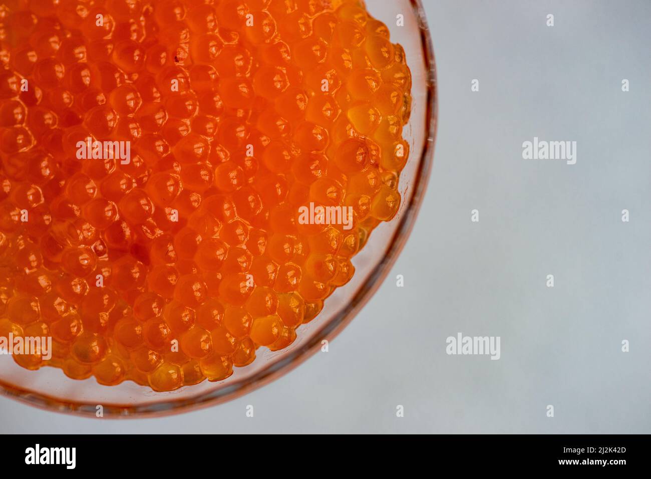Close-up overhead view of red trout caviar in a glass dessert coupe ...