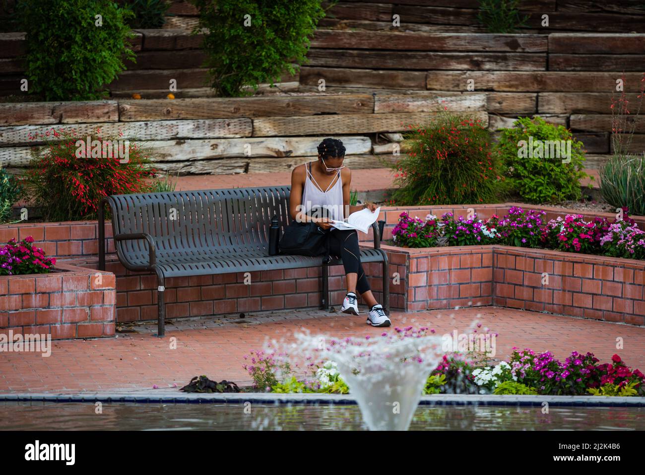 African American young woman reading on a bench at the Scottsdale Civic Center in Scottsdale, Arizona, U.S.A. Stock Photo