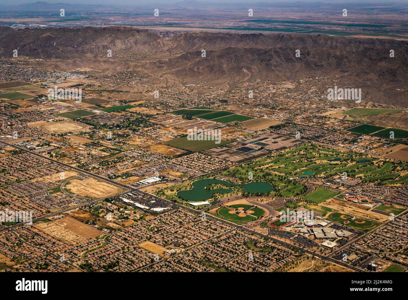 Aerial view of Phoenix and Phoenix South Mountain near the Sky Harbor Airport, in Phoenix, Arizona, United States Stock Photo