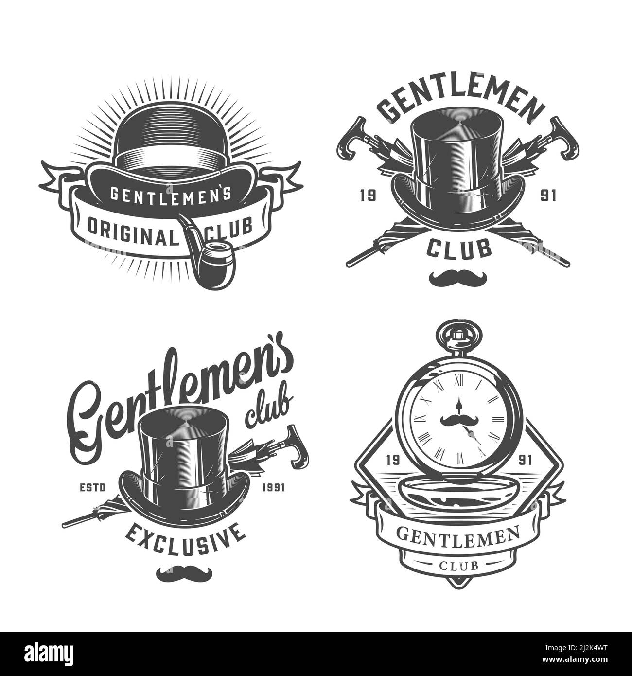 Vintage monochrome gentleman emblems set with fedora and top hat smoking pipe crossed umbrellas pocket watches isolated vector illustration Stock Vector