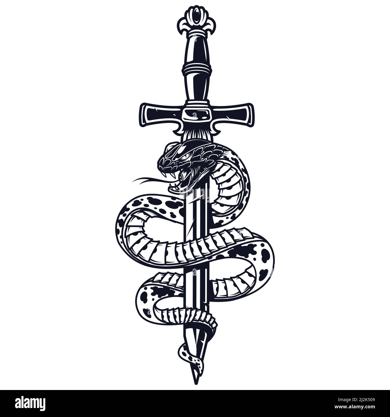 Vintage tattoo monochrome concept with snake is wrapped around dagger