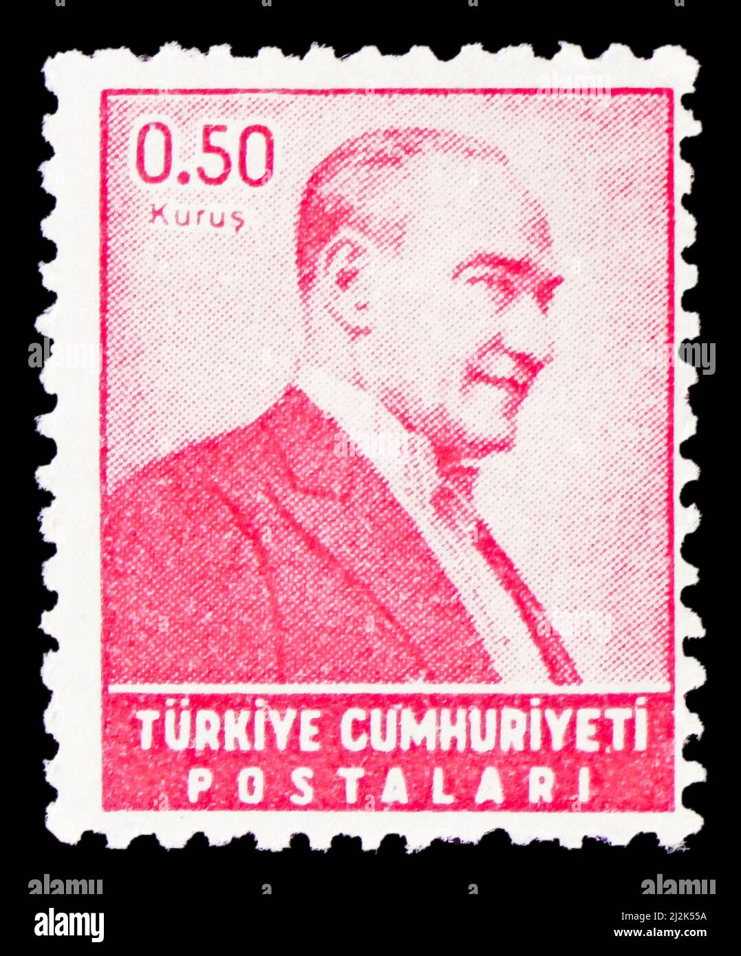MOSCOW, RUSSIA - MARCH 13, 2022: Postage stamp printed in Turkey shows Kemal Ataturk, Definitive Postage Stamps, 1955-6, Ataturk serie, circa 1955 Stock Photo