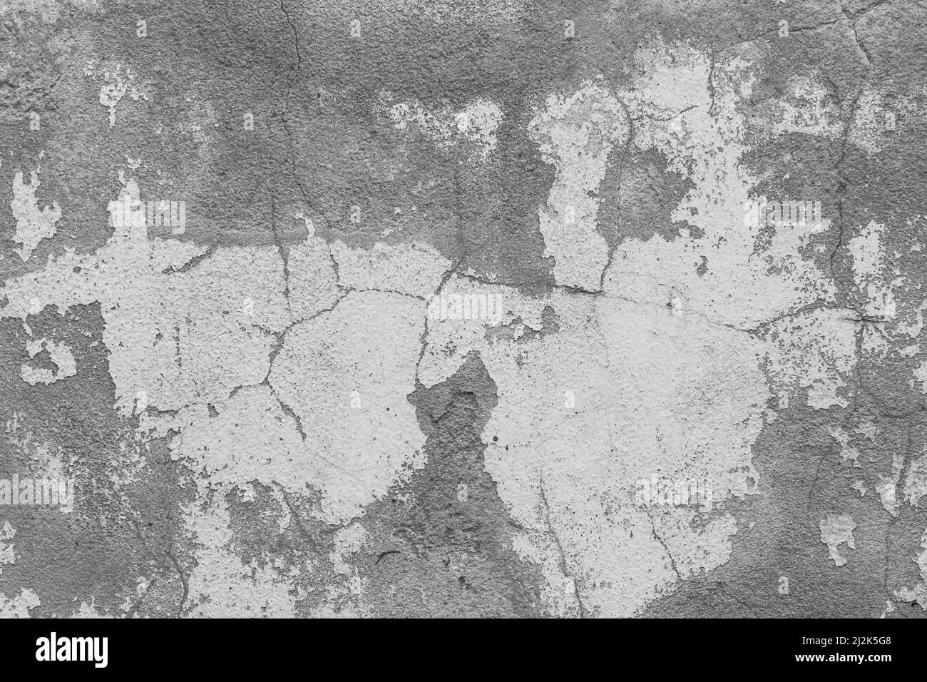 White paint peeling off from old grey cement wall concrete surface rubbed background weathered texture. Stock Photo