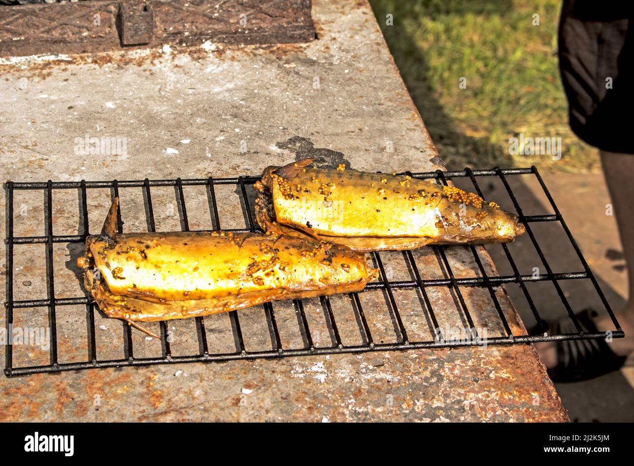 Mackerel fish in a marinade on a wire rack in a smokehouse is ready. The process of cooking hot smoked mackerel Stock Photo Alamy