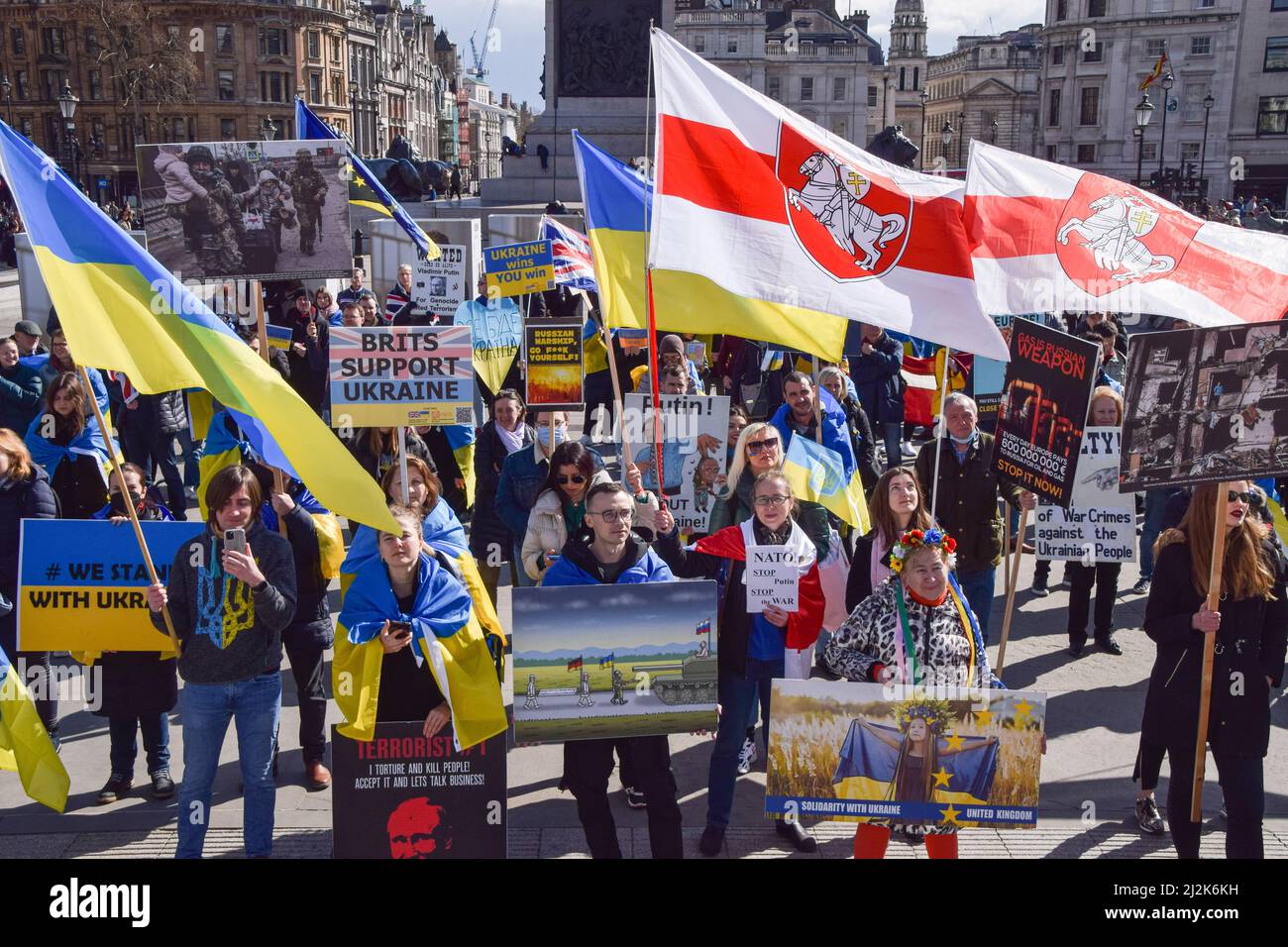 London, UK. 2nd April 2022. Protesters continue to gather in Trafalgar Square in solidarity with Ukraine, as Russia intensifies its attack. Credit: Vuk Valcic/Alamy Live News Stock Photo