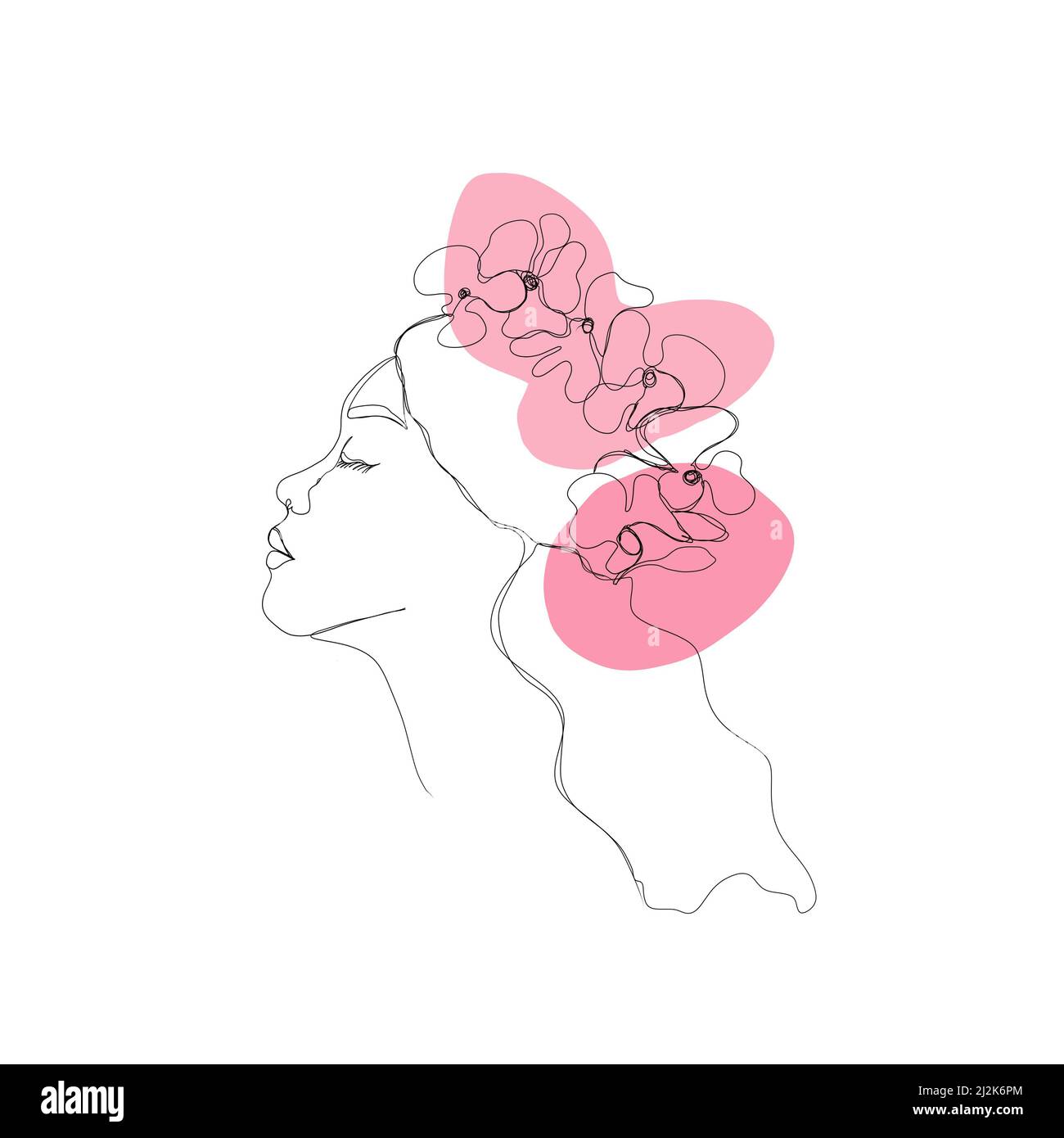 Abstract poster with minimal female face with flowers. One line drawing ...