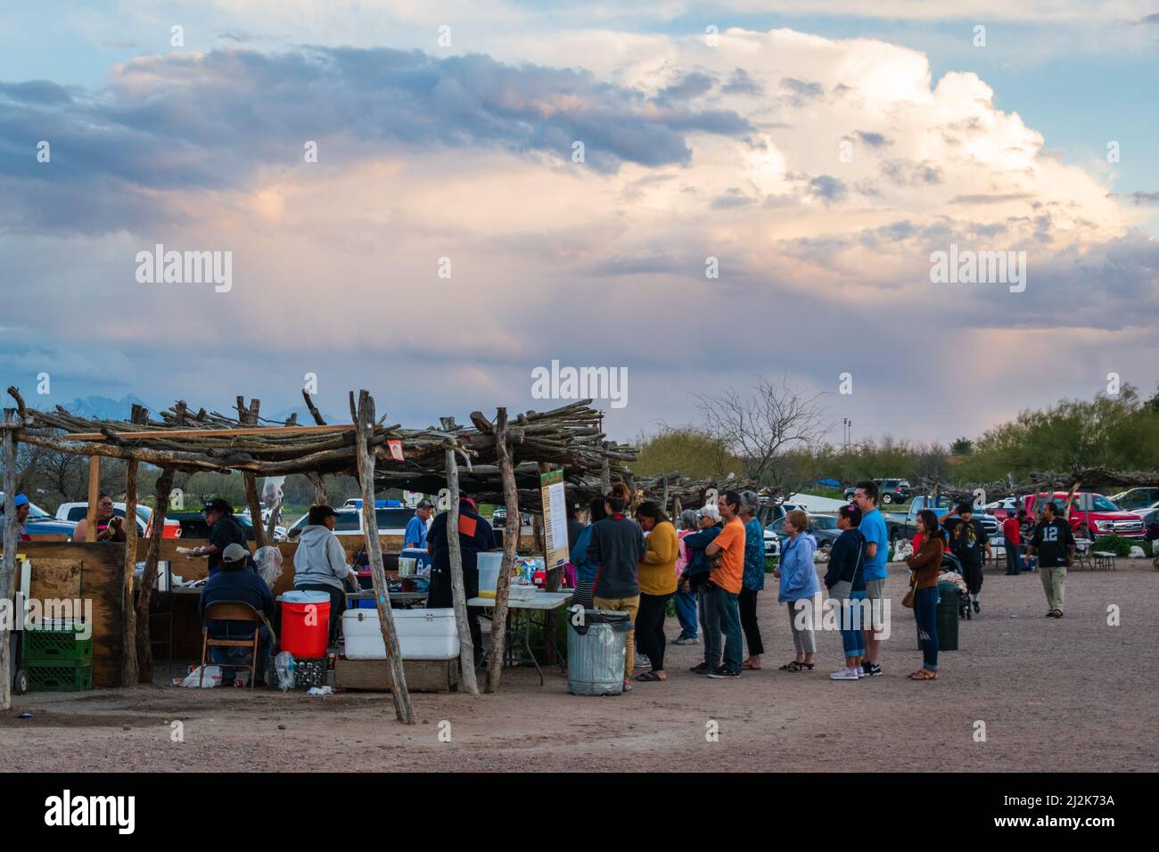 People waiting in line to eat Native American Fry Bread at Mission San Xavier del Bac in Tucson, Arizona, U.S.A. Stock Photo
