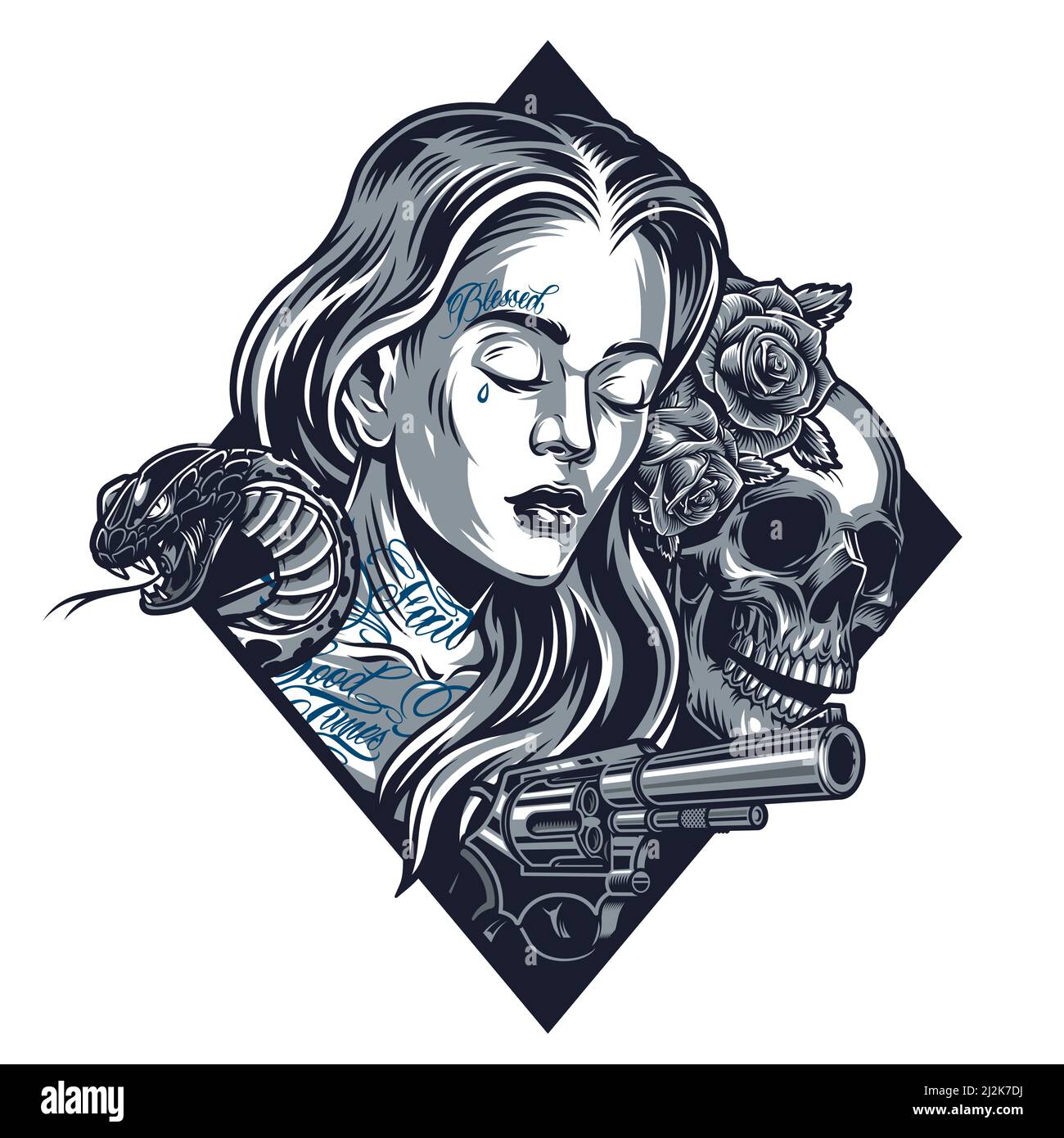 Vintage pretty chicano girl template with snake revolver skull and rose flowers isolated vector illustration Stock Vector