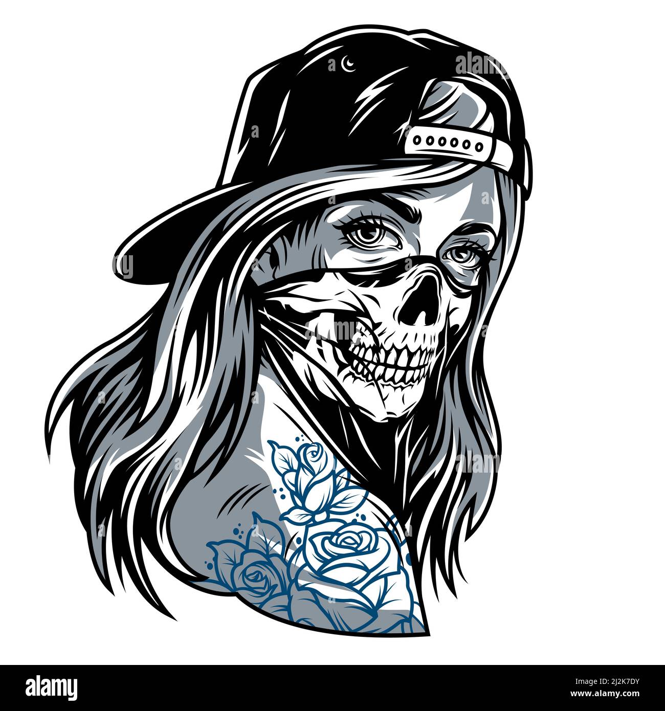 Vintage chicano gangster girl in baseball cap and skull face mask isolated vector illustration Stock Vector