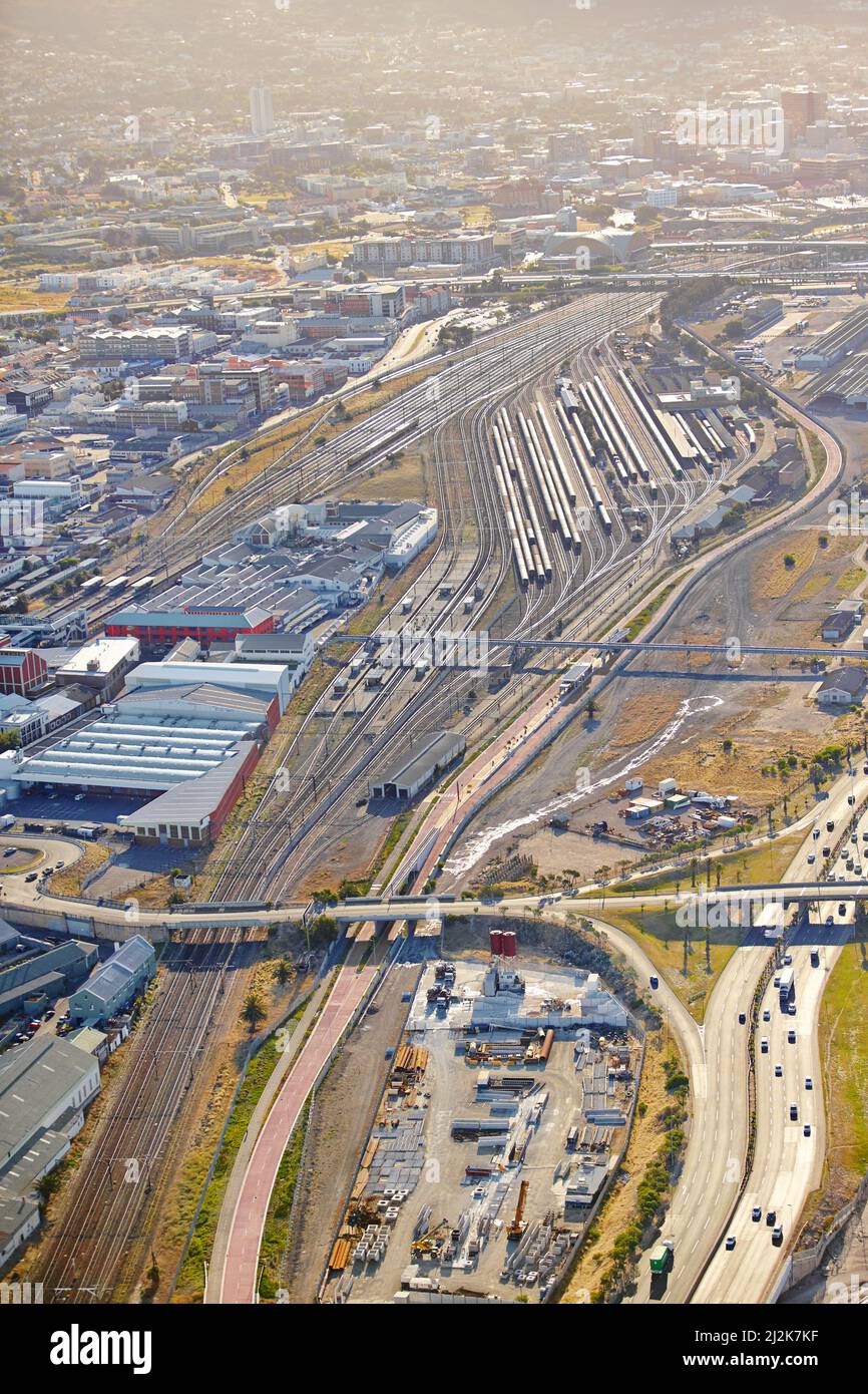 Urban transportation hub. Aerial shot of a busy rail transportation hub
