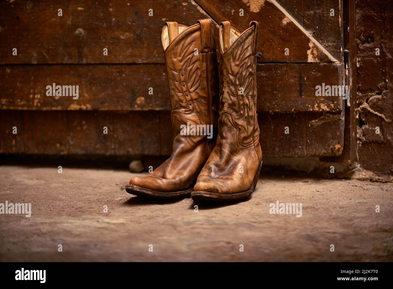 The only footwear for a cowboy. Shot of a pair of cowboy boots. Stock Photo